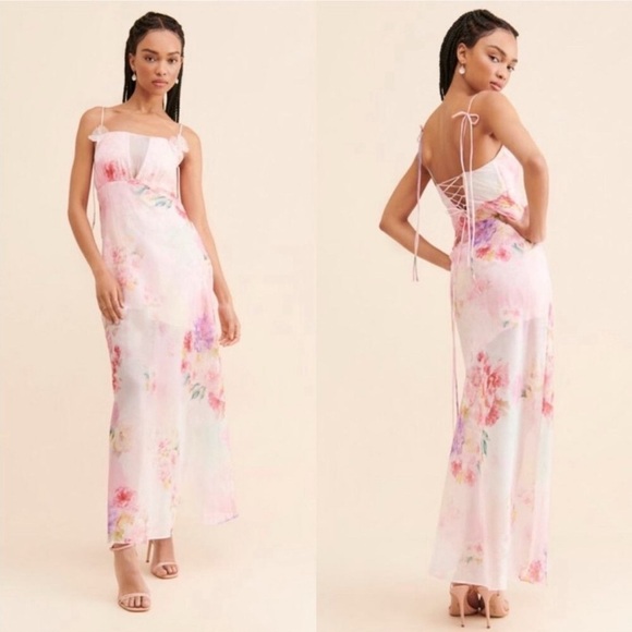 For Love And Lemons Dresses & Skirts - For Love & Lemons Lisa Sheer Floral Maxi Dress Pink Size XS